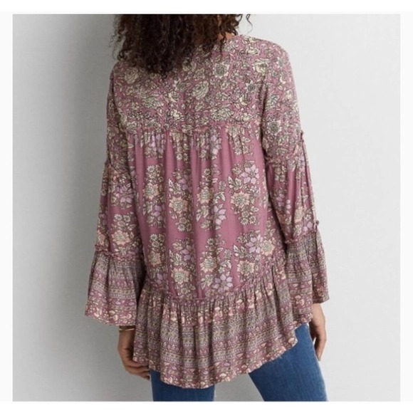 American Eagle Floral Lace-Up Bell Sleeve Top size S - Picture 2 of 8